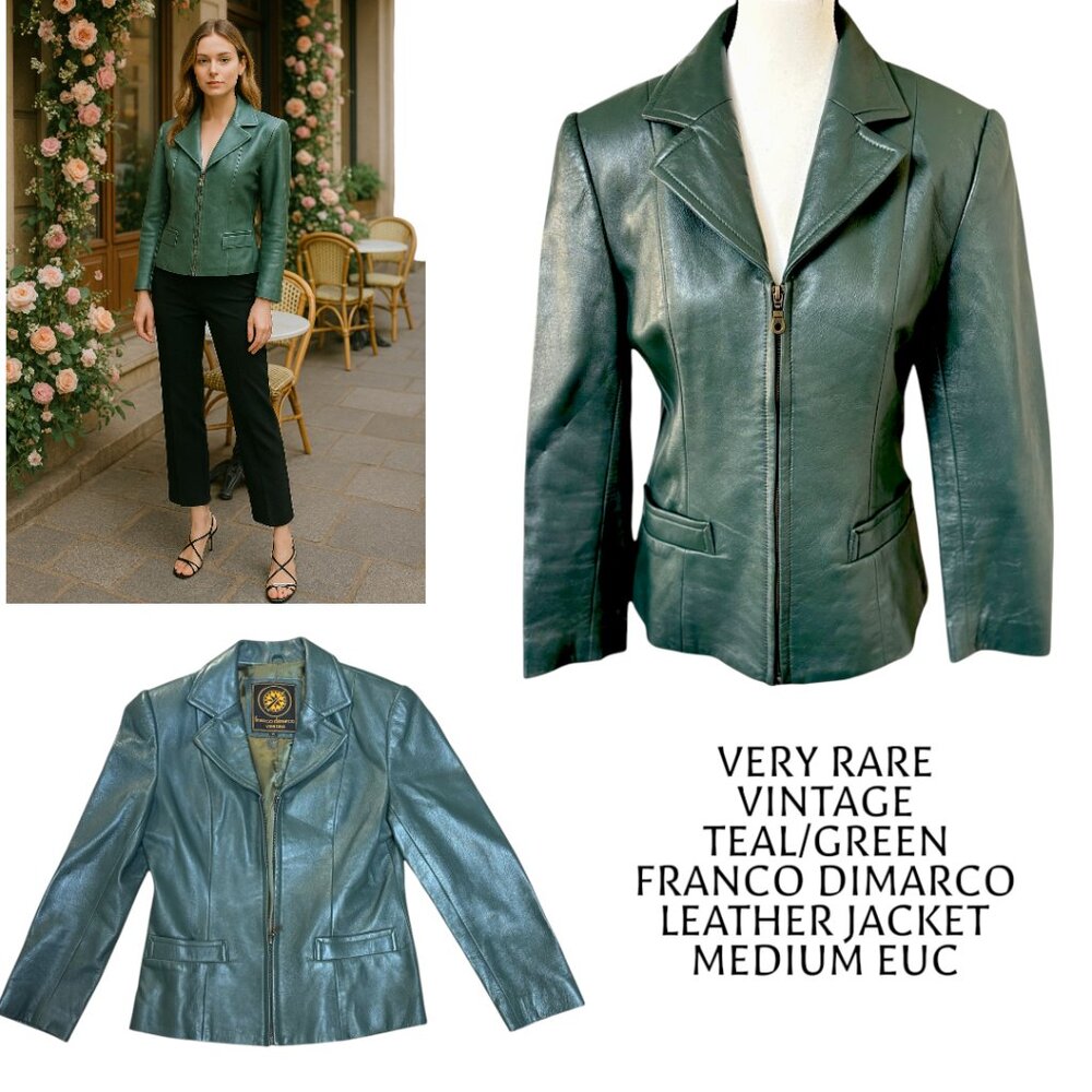 VERY RARE VTG FRANCO DIMARCO VERONA TEAL GREEN LEATHER‎ JACKET MEDIUM EUC